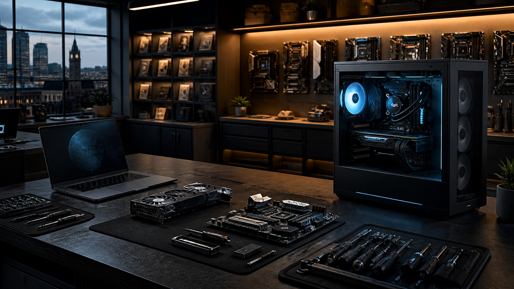 Computer workshop display with a desktop PC, laptop and components